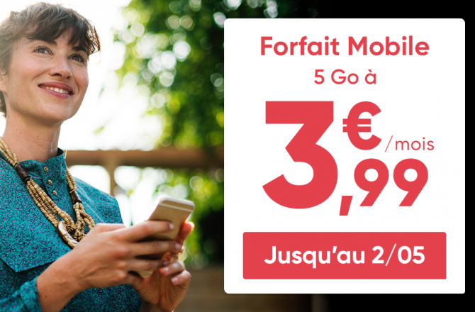 Promo exceptionnelle chez Prixtel ! Le complet, forfait illimité de 5 à 50 Go, à partir de 3,99€ Promo exceptionnelle chez Prixtel ! Le complet, forfait illimité de 5 à 50 Go, à partir de 3,99€